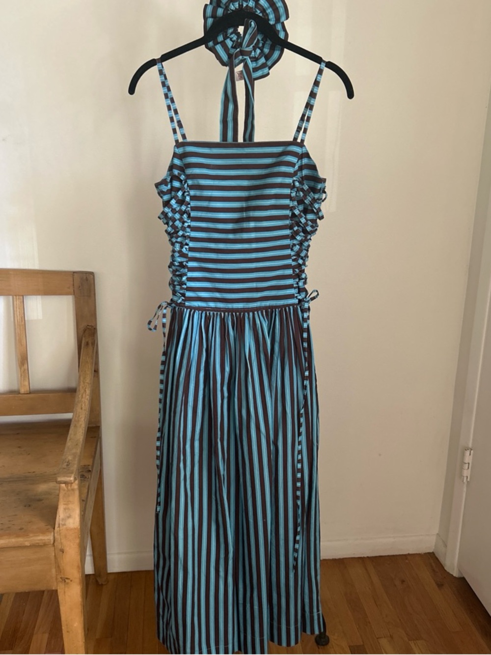 Damson Madder blue and brown striped dress WITH matching hair accessory